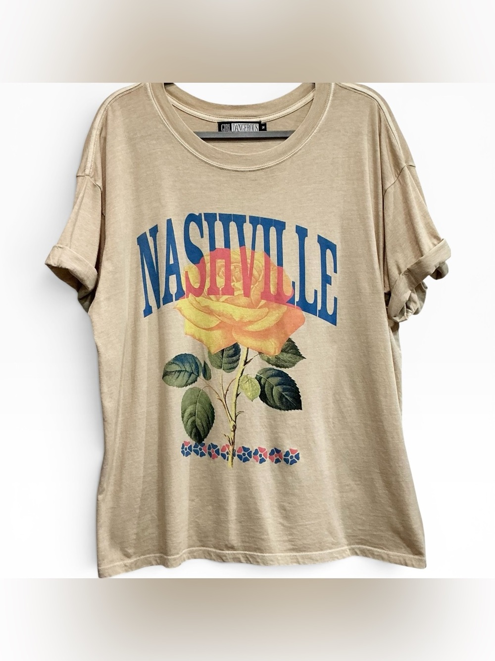 GIRL DANGEROUS Nashville Rose Oversized Cotton T-Shirt Tan Medium - Picture 2 of 6